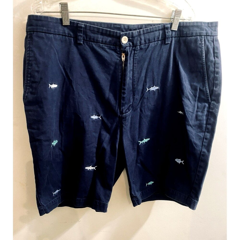 Vineyard Vines Men Breaker Shorts 38 Blue Twill Embroidered Fish Coastal Resort